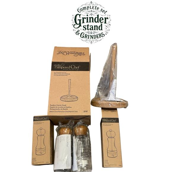 Pampered Chef Acrylic/Bamboo Salt And Pepper Grinder Set With Holder NIB - Picture 1 of 4